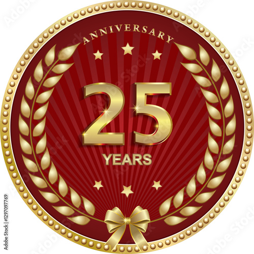 25 years anniversary vector golden design on red  background for celebration, congratulation and greeting card, logo, icon
