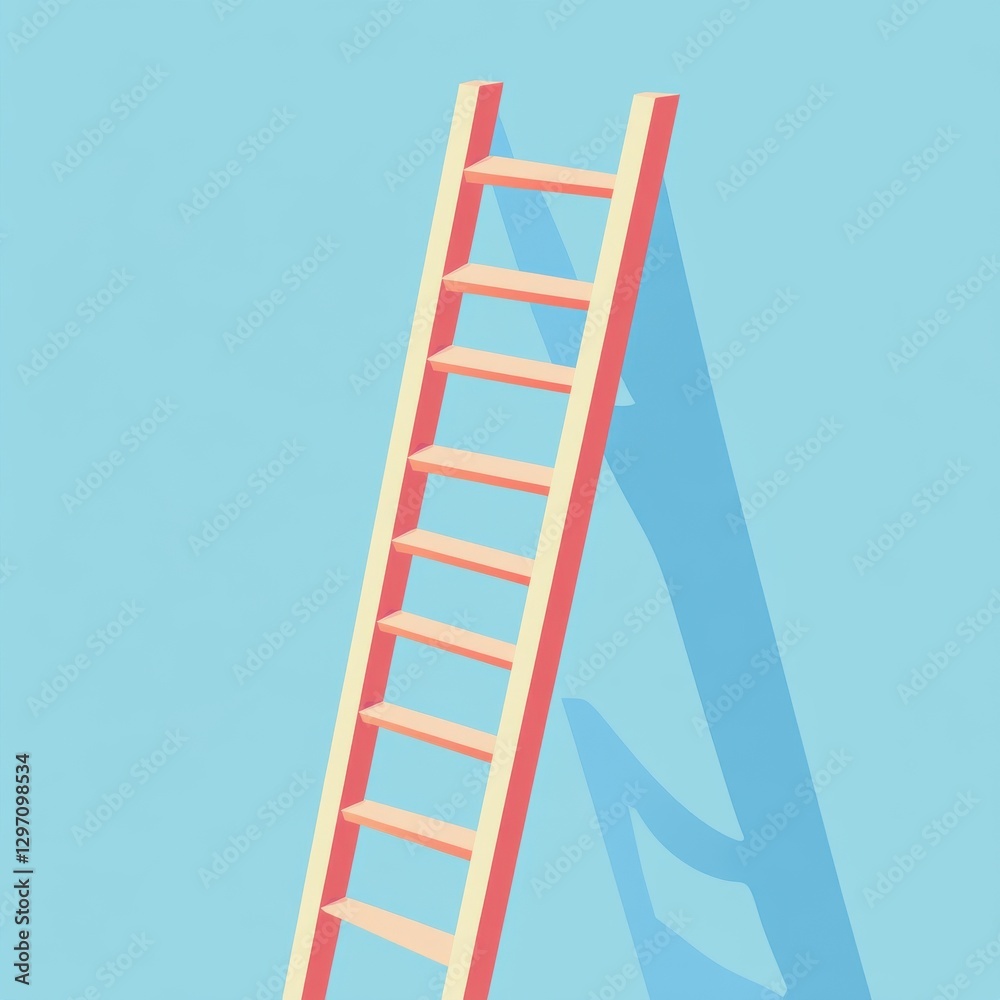 A pastel-colored wooden ladder against a light blue background, casting a soft shadow. A pastel-colored wooden ladder against a light blue background, casting a soft shadow.