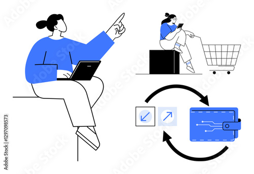 Person using a laptop, another with a smartphone and shopping cart, arrows showing transaction flow, and a digital wallet illustration. Ideal for e-commerce, online shopping, digital payments