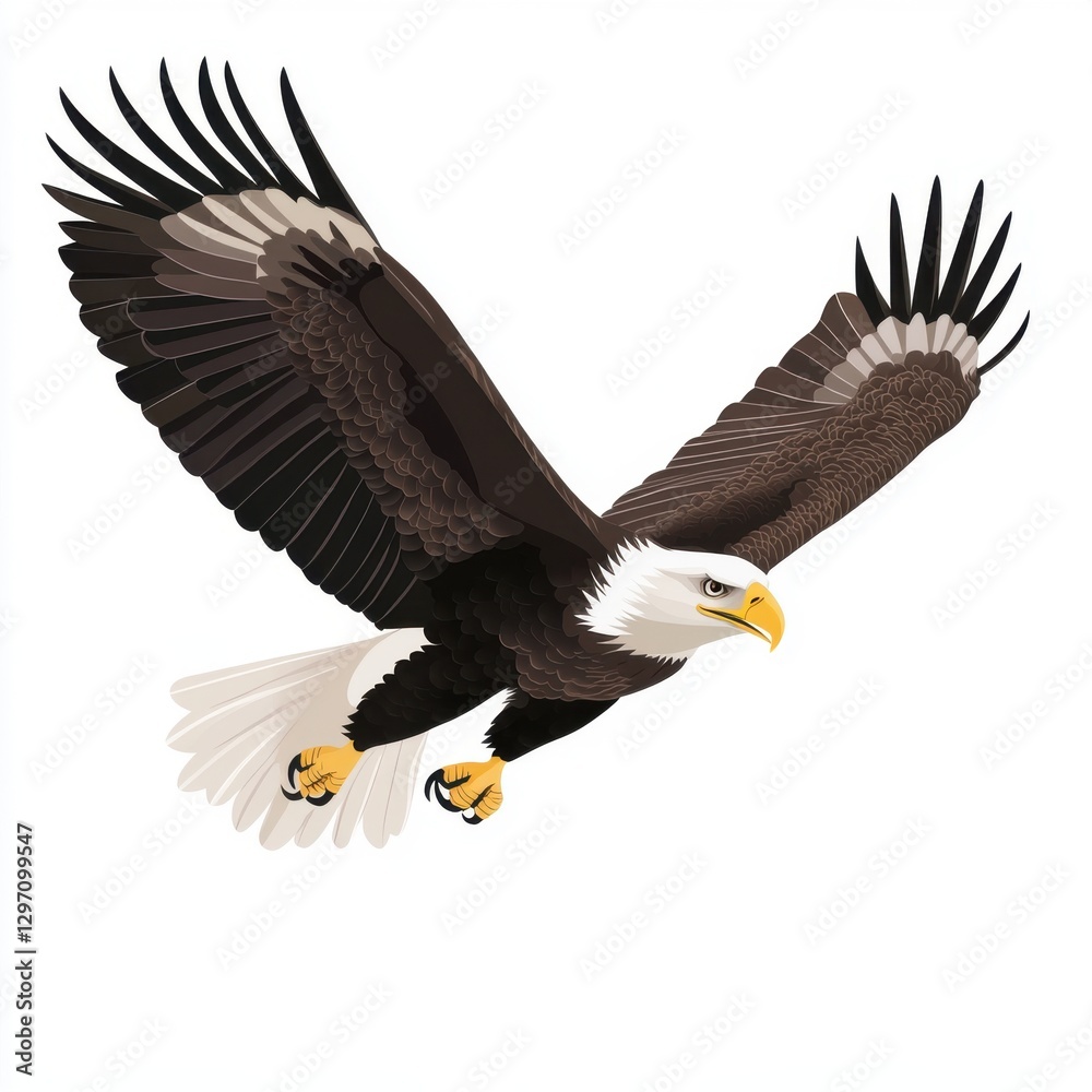 Obraz premium A majestic bald eagle soars gracefully with its wings spread wide, showcasing its stunning plumage.