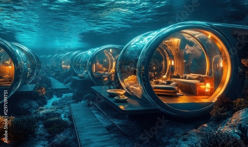 Underwater hotel rooms, ocean view, luxury resort photo