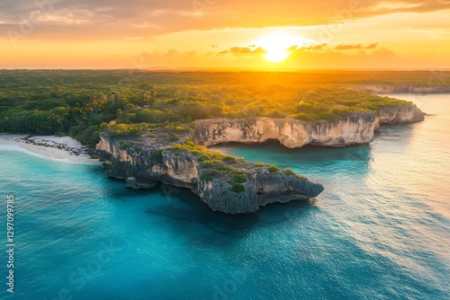 tropical island with ocean sunset at golden hour, paradise beach with turquoise water and coastal landscape in a tropical paradise