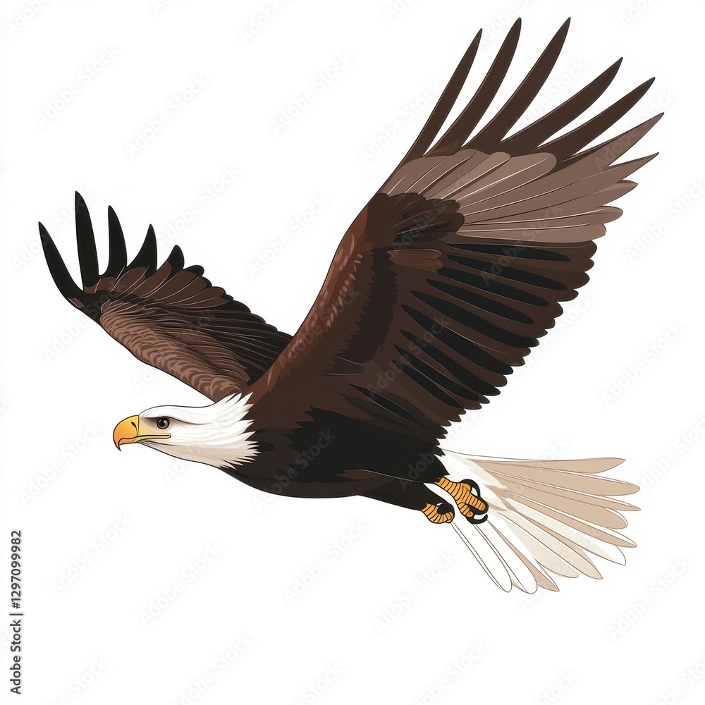 Obraz premium A majestic bald eagle soaring gracefully through the sky with its wings fully extended.