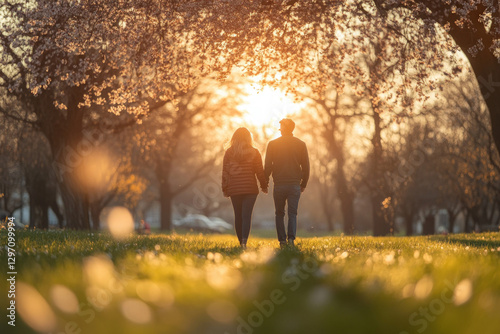 A happy couple walking in a...