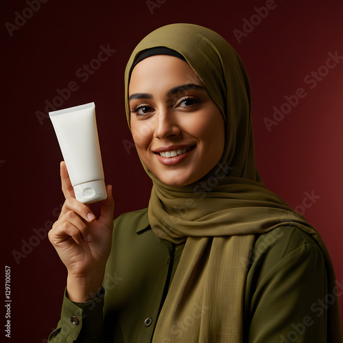 Hijab woman with beauty product.