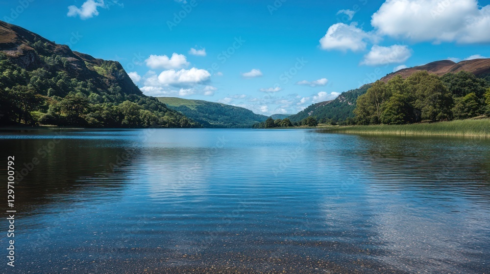 Fototapeta premium Beautiful blue lake reflecting the surrounding mountains and sky