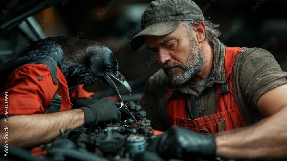 A mechanic deeply focused on car engine repairs, skillfully aided by a raven, showcasing an extraordinary bond between human and nature in an engaging automotive scene. A mechanic deeply focused on car engine repairs, skillfully aided by a raven, showcasing an extraordinary bond between human and nature in an engaging automotive scene.