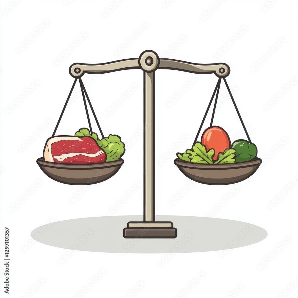 Meat and vegetables balanced on a scale, symbolizing healthy eating choices. Meat and vegetables balanced on a scale, symbolizing healthy eating choices.