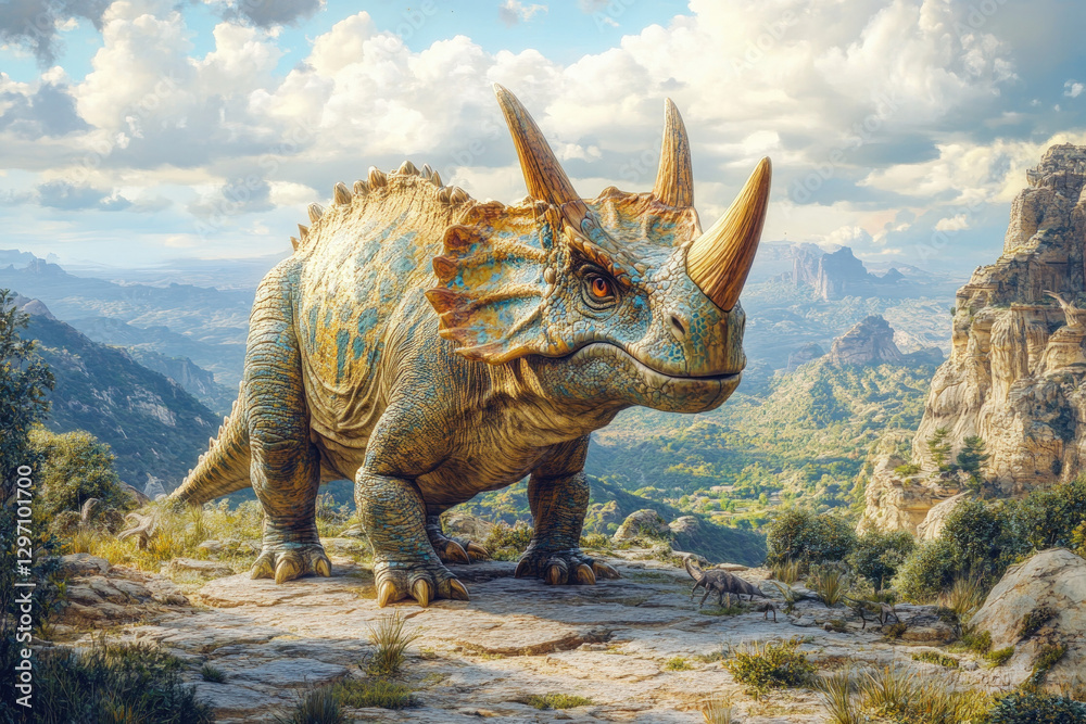 Fototapeta premium A lifelike illustration of a Torosaurus in a prehistoric landscape