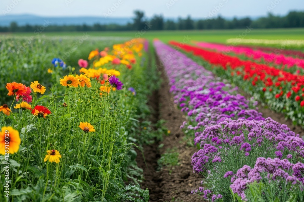 Fototapeta premium Colorful flower fields in full bloom with rows of vibrant blossoms stretching into the distance, creating a picturesque rural landscape