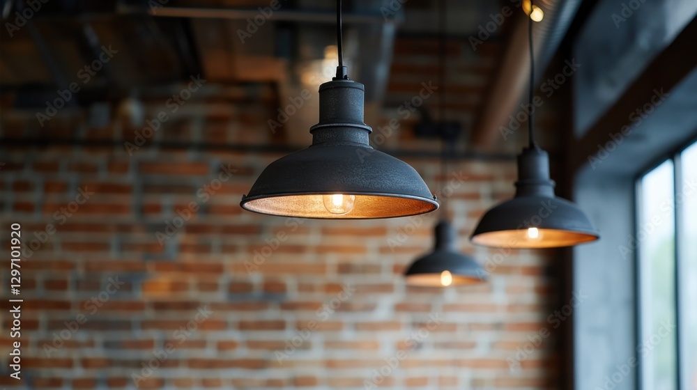 Obraz premium Three Black Industrial Pendant Lights with Brick Wall