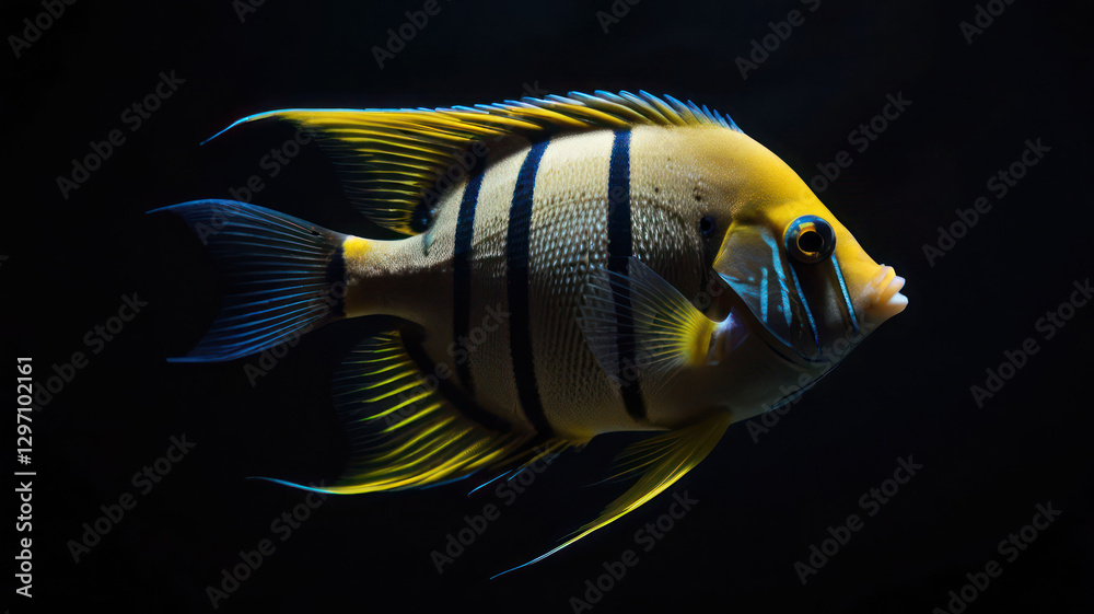 Naklejka premium Angelfish Gracefully Gliding Through A Dark Shadow Background