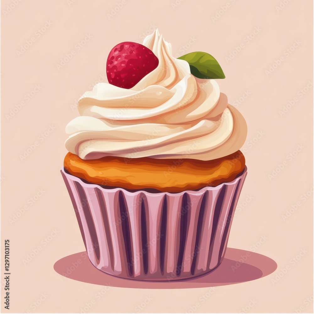 A delightful cupcake with swirls of creamy frosting and a strawberry on top, in soft pastel colors. A delightful cupcake with swirls of creamy frosting and a strawberry on top, in soft pastel colors.