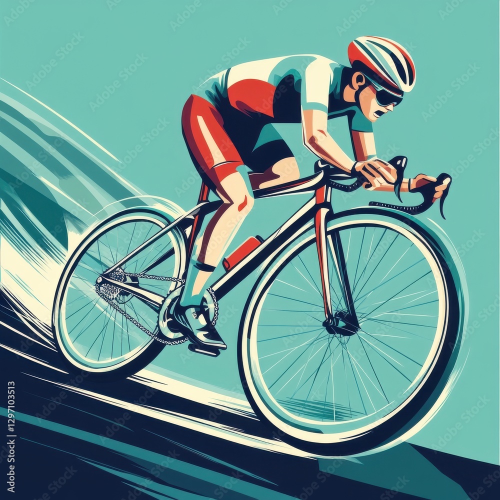 Fototapeta premium A dynamic male cyclist in a red and teal suit racing down a slope with intense focus and speed.