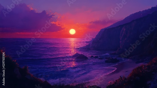 Beautiful sunset over the ocean with dark rocky coastline present