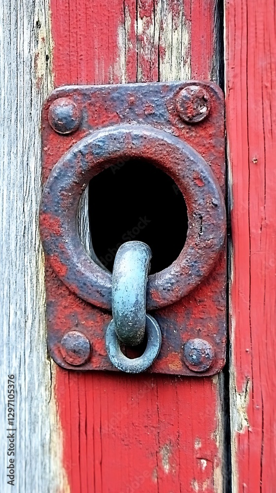 A weathered metal ring and plate attached to wood panels A weathered metal ring and plate attached to wood panels