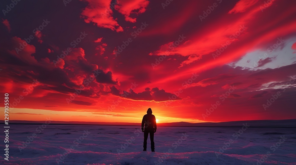 Fototapeta premium Silhouetted figure stands against a dramatic sunset, with vibrant reds, oranges, and purples over a snow-dusted landscape.