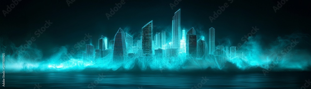 Fototapeta premium Futuristic urban skyline digital realm graphic design nighttime aesthetic perspective neon glow