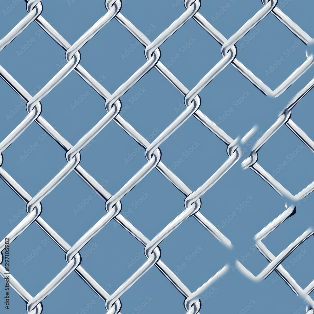 Close-up of a silver chain-link fence against a blue background, showcasing intricate patterns and textures. Close-up of a silver chain-link fence against a blue background, showcasing intricate patterns and textures.