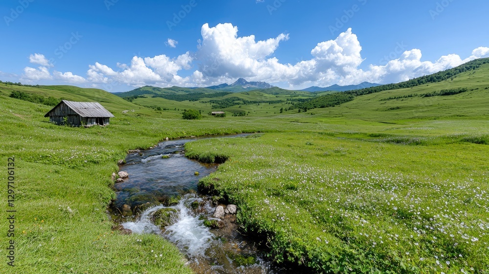 Fototapeta premium Mountain stream flows through green meadow, wooden huts, summer