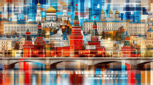 Colorful abstract mosaic of moscow architectural landmarks with blur effects