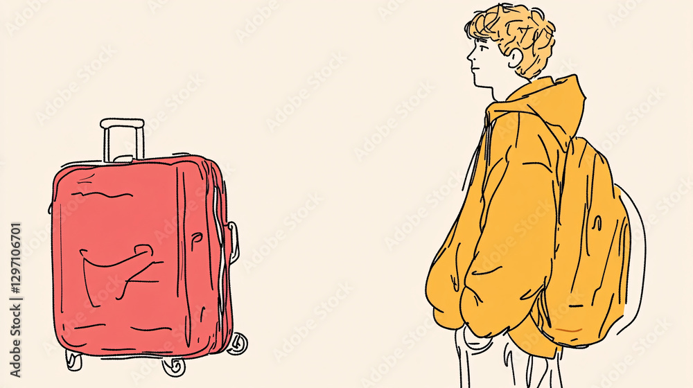 Line art figures of people stand with luggage. Stylized characters in simple outline style. Illustrations depict individuals with bags and backpacks.