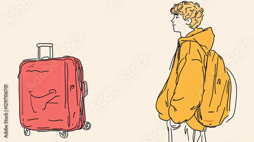 Obraz na płótnie Line art figures of people stand with luggage. Stylized characters in simple outline style. Illustrations depict individuals with bags and backpacks. w salonie
