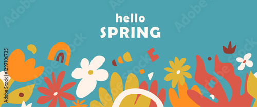 Spring seamless border vector illustration. Horizontal pattern background for Mothers Day, Easter design. Banner template with organic abstract flowers, rainbow, leaves in retro modern style