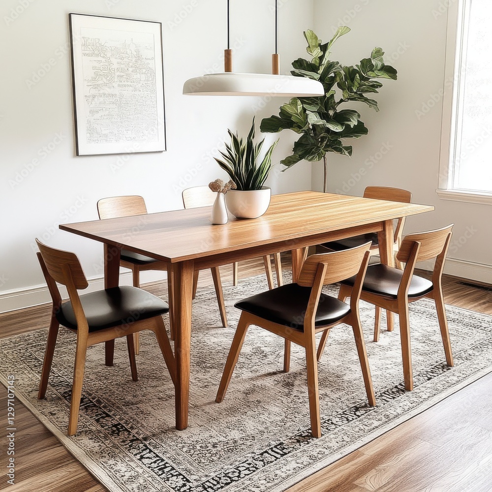 Elegant wooden dining table set in a contemporary room with green plants and natural light. Elegant wooden dining table set in a contemporary room with green plants and natural light.