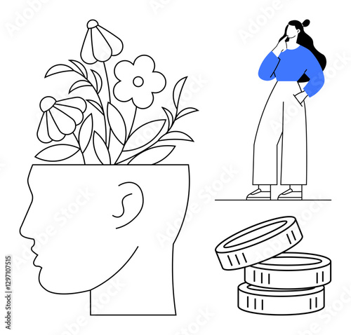 Human head with flowers symbolizing growth, woman contemplating with a hand on chin, stacked coins representing wealth. Ideal for personal growth, creativity, mental health, financial planning