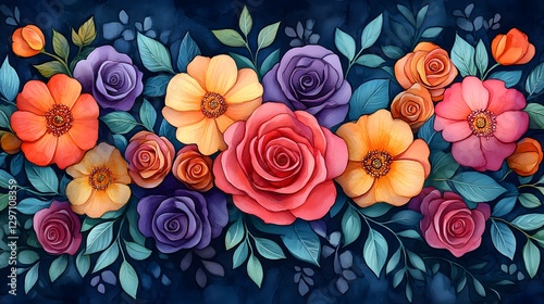 Vibrant Whimsical Loose Watercolor Doodle of a Delightful Rose Flower Bouquet with Fluid Elements and Soft Colors