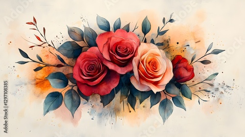 Playful and Beautiful Loose Watercolor Doodle of an Imaginative Rose Flower Bouquet with Dynamic and Colorful Line Art Elements