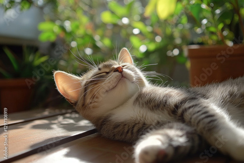 A Pixie-Bob cat lounging, w...