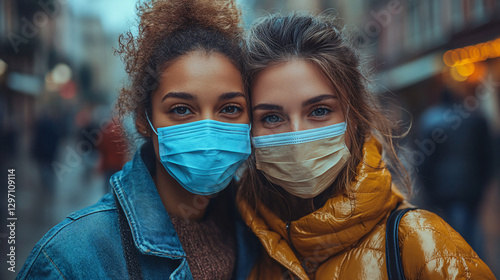 Two women wearing masks in city street.  Possible use Social distancing, health awareness, urban lifestyle