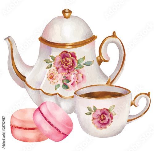 watercolor composition featuring a vintage teapot with floral designs, macarons, and an open book