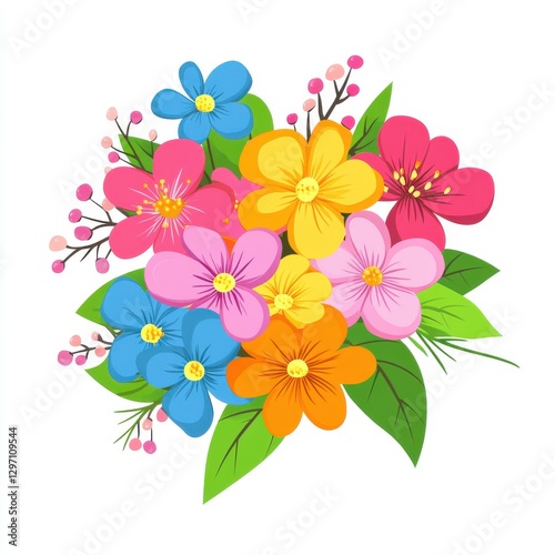 A vibrant bouquet of colorful flowers featuring pink, yellow, blue, and orange blooms against a white background.