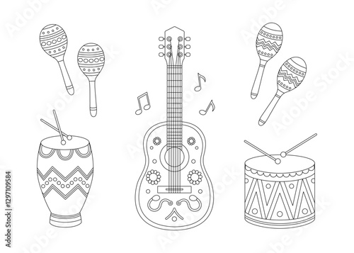 Ethnic musical instruments coloring page. Outline set with guitar, drum, drumsticks, conga, maracas and notes. Latin music festival, brazil carnival contour collection. Coloring book for print