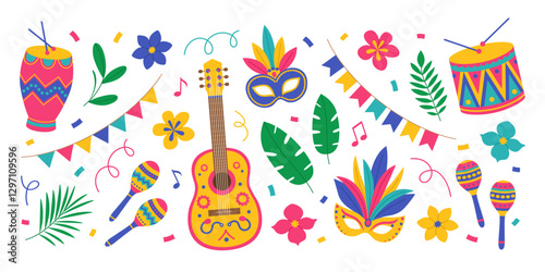 Brazil Carnival set with guitar, maracas, drums, masks with feathers, flowers, leaves, garlands and confetti. Festival elements collection. Vector flat illustration for banner, poster