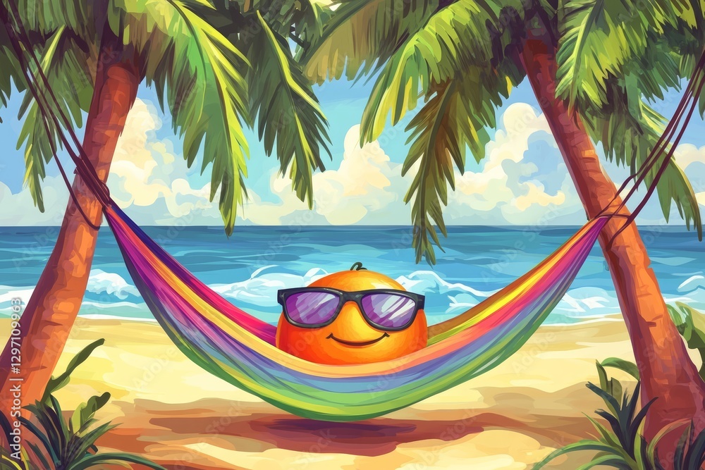 Naklejka premium Cheerful orange relaxing in a rainbow hammock on a tropical beach