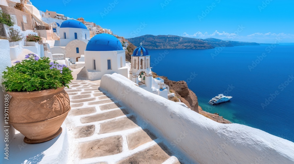 Fototapeta premium Picturesque Greek village with blue domed churches overlooking the serene Aegean Sea in Santorini