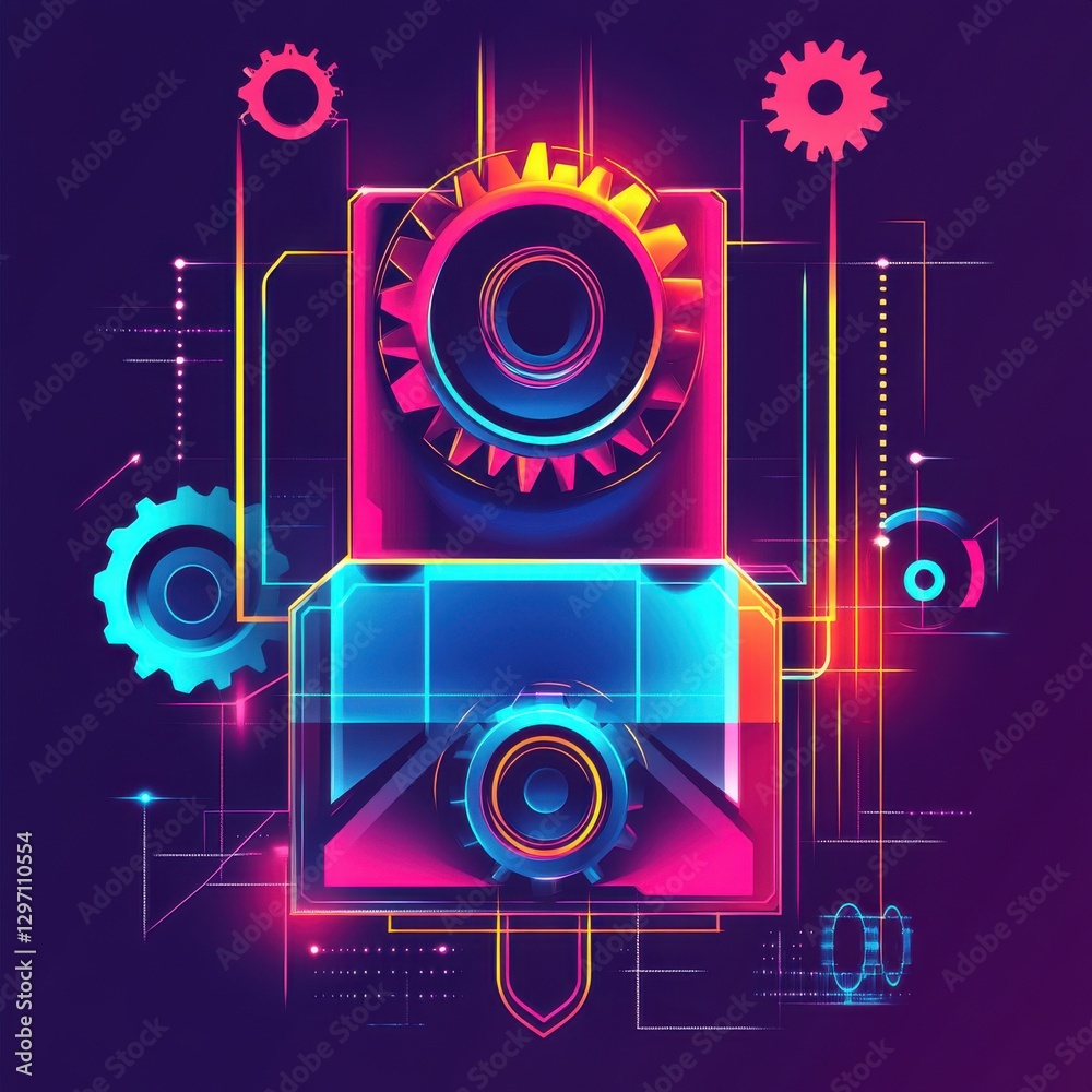 Obraz premium A vibrant, futuristic illustration of gears and circuits in neon colors, symbolizing technology and innovation.