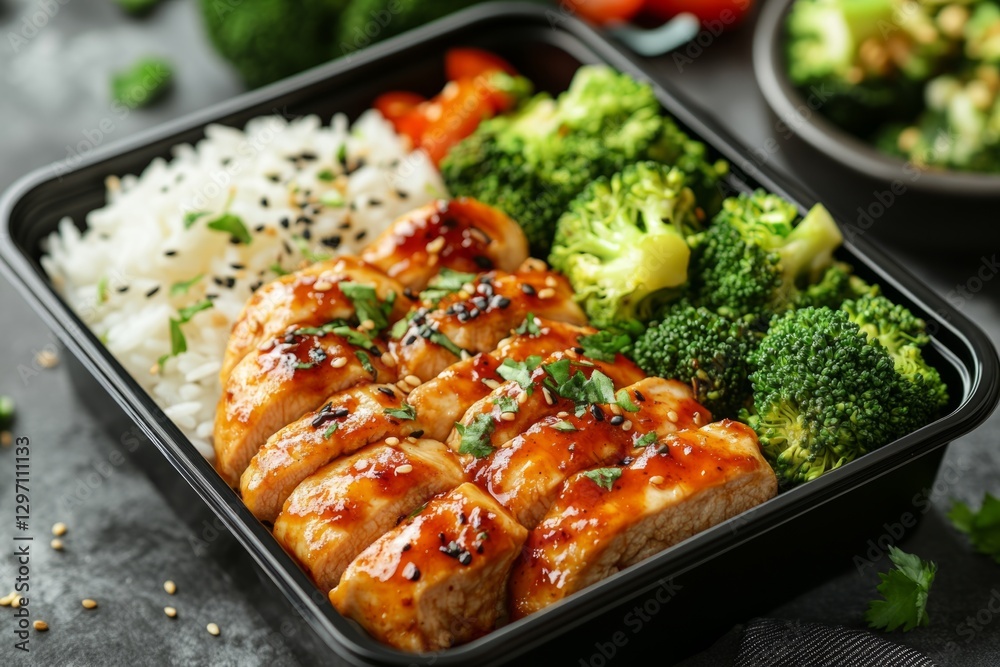 Sliced teriyaki chicken breast with rice and broccoli in a lunch box, making a balanced and healthy meal Sliced teriyaki chicken breast with rice and broccoli in a lunch box, making a balanced and healthy meal