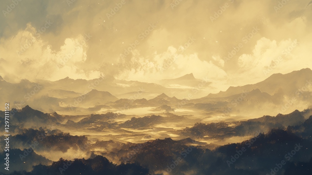 Obraz premium Serene Sunrise Over Misty Mountains and Valleys in Golden Light