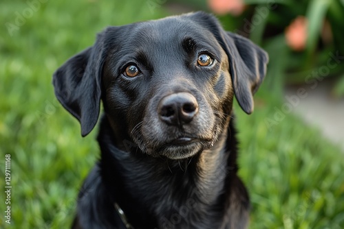 Wallpaper Mural Black Labrador retriever gazing curiously at the camera while sitting on green grass in a sunny backyard Torontodigital.ca
