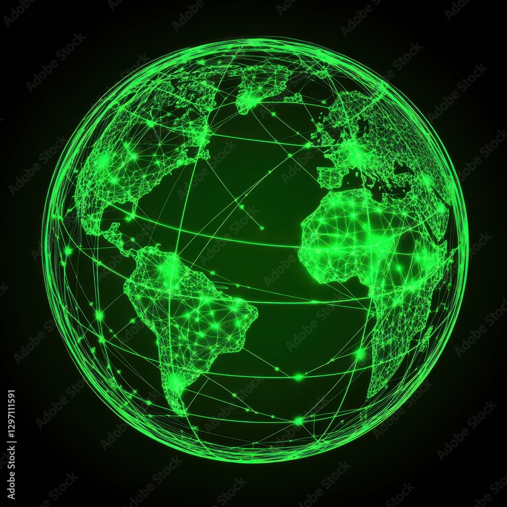 Naklejka premium A glowing green digital globe with interconnected lines representing global connectivity and data exchange.