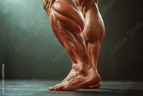Bodybuilder showing his defined calf muscles anatomy during a weightlifting workout session
