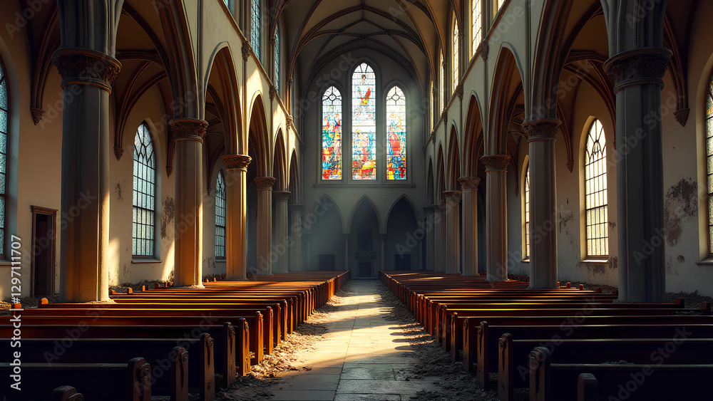 Fototapeta premium Serene Church Interior with Stained Glass Windows