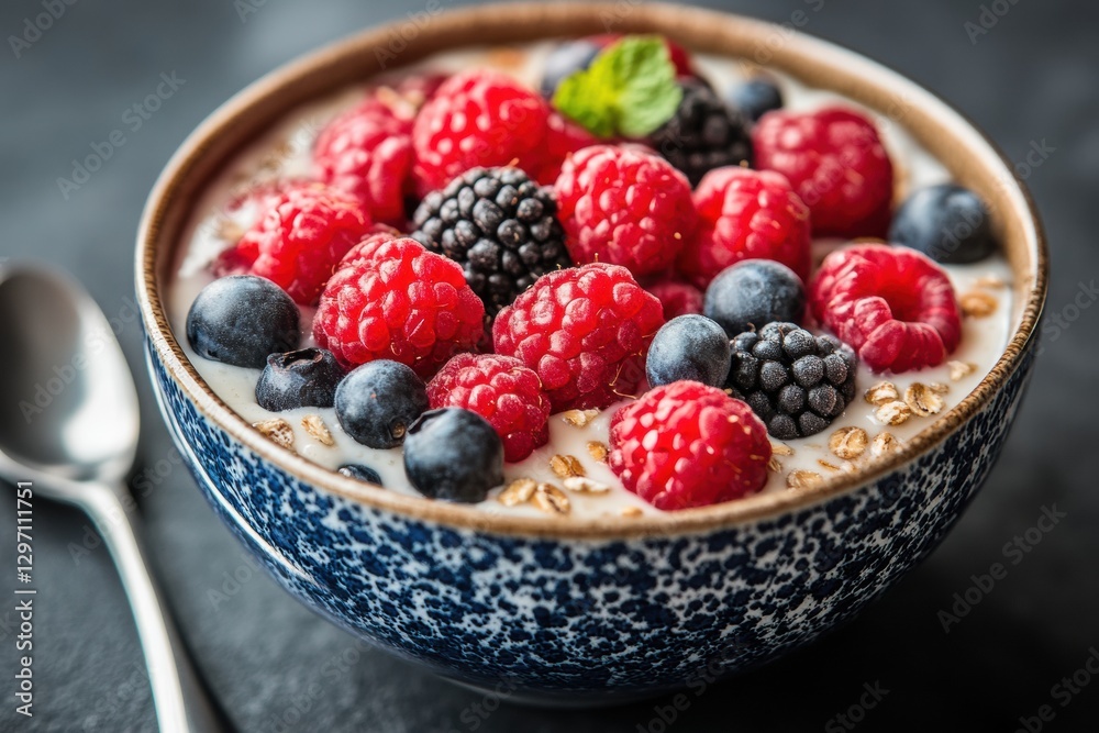 Fresh berry bowl with yogurt and granola served on a dark surface Fresh berry bowl with yogurt and granola served on a dark surface