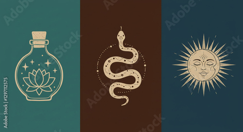 Mystical Symbol Collection: Potion Bottle with Lotus, Serpent in Circle, and Sun with Face on Three Colored Panels