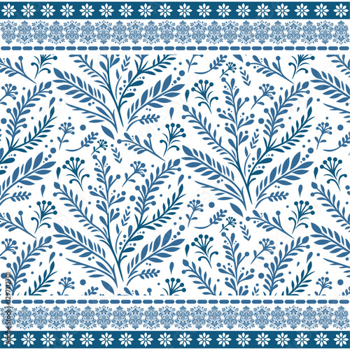 traditional blue bandana floral seamless pattern with classic border for textile and background

